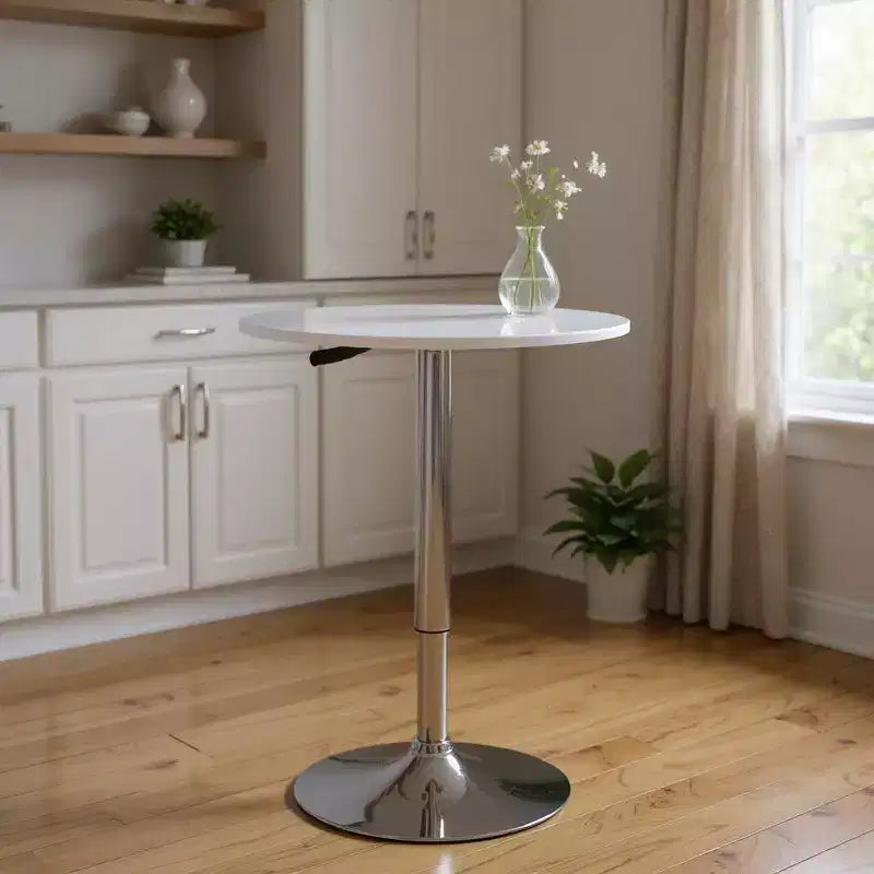 Tavolo da bar rotondo da 24" con piano in legno e base a piedistallo in ferro, bianco e argento, capienza fino a 4 persone