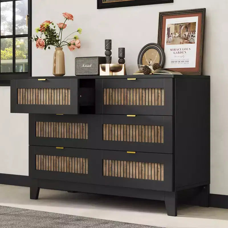 Cassettiera rustica in legno con 6 cassetti e maniglie in metallo, bianca, 119 cm L, portata 113 kg