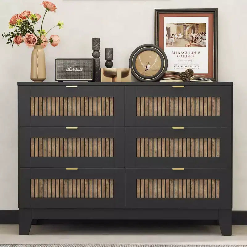 Cassettiera rustica in legno con 6 cassetti e maniglie in metallo, bianca, 119 cm L, portata 113 kg