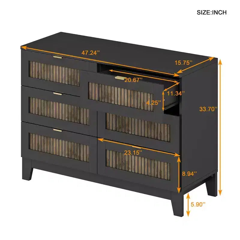 Cassettiera rustica in legno con 6 cassetti e maniglie in metallo, bianca, 119 cm L, portata 113 kg