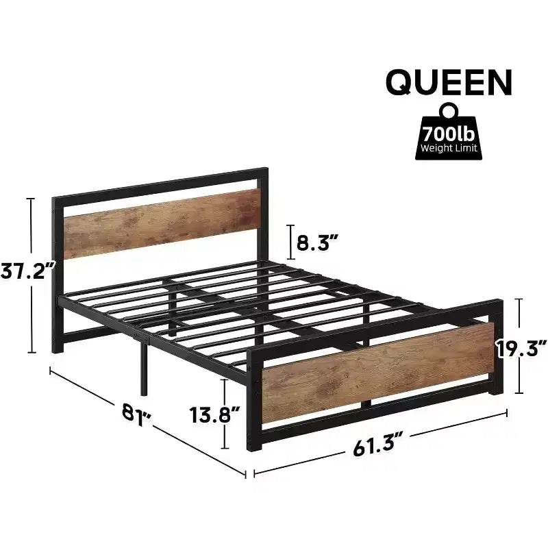 Base letto con piattaforma industriale in metallo da 14" per impieghi gravosi, con testiera in legno e vano contenitore sotto al letto, nessun bisogno di una rete a molle