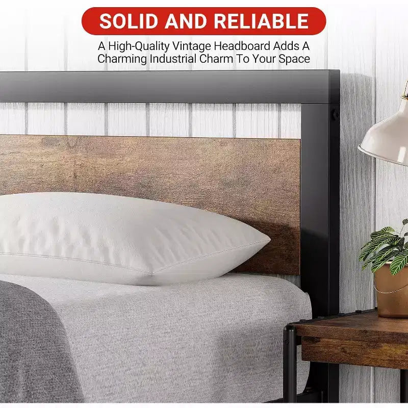 Base letto con piattaforma industriale in metallo da 14" per impieghi gravosi, con testiera in legno e vano contenitore sotto al letto, nessun bisogno di una rete a molle