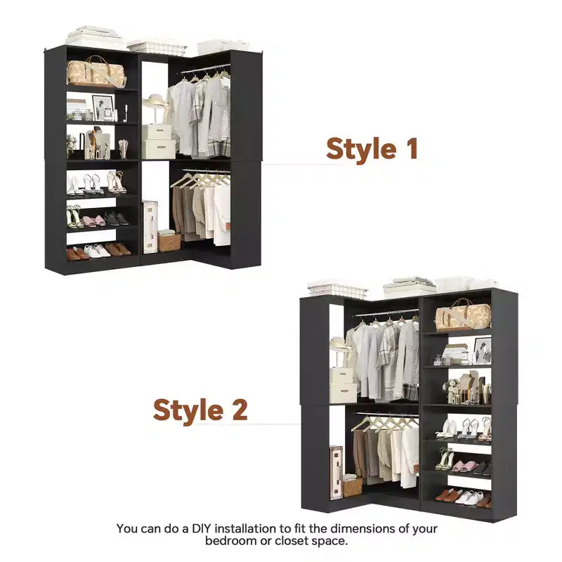 Organizzatore angolare per armadio a L con 2 aste appendiabiti, scarpiera a 6 livelli e 9 ripiani, capacità di 544 kg