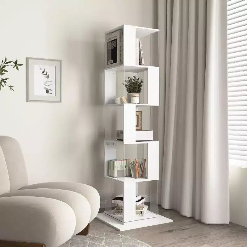 Libreria Rotante a 6 Ripiani di 190 cm con Pannelli Acrilici e Base Antiribaltamento per Camera da Letto e Soggiorno