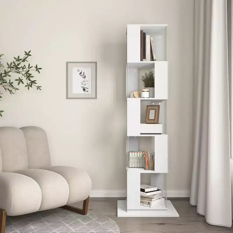 Libreria Rotante a 6 Ripiani di 190 cm con Pannelli Acrilici e Base Antiribaltamento per Camera da Letto e Soggiorno