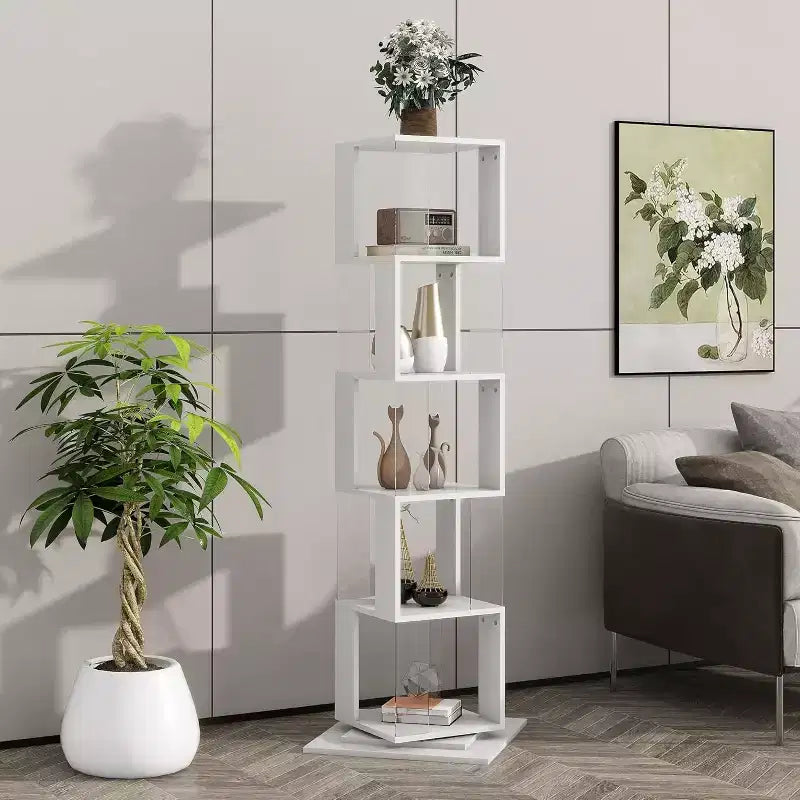 Libreria Rotante a 6 Ripiani di 190 cm con Pannelli Acrilici e Base Antiribaltamento per Camera da Letto e Soggiorno