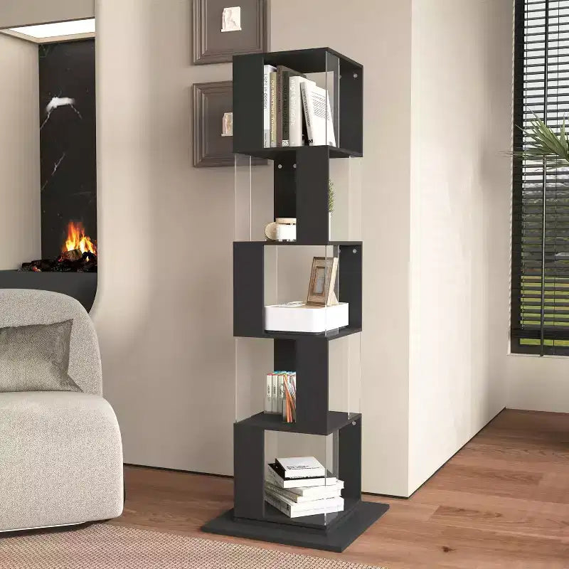 Libreria Rotante a 6 Ripiani di 190 cm con Pannelli Acrilici e Base Antiribaltamento per Camera da Letto e Soggiorno