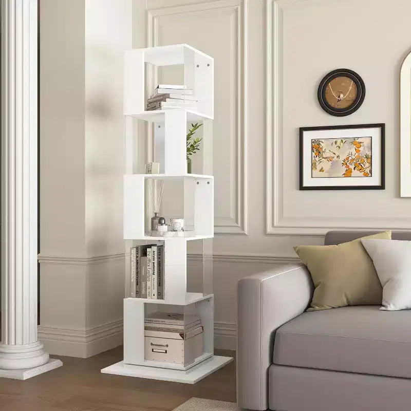Libreria Rotante a 6 Ripiani di 190 cm con Pannelli Acrilici e Base Antiribaltamento per Camera da Letto e Soggiorno
