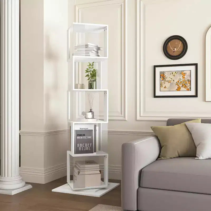 Libreria Rotante a 6 Ripiani di 190 cm con Pannelli Acrilici e Base Antiribaltamento per Camera da Letto e Soggiorno