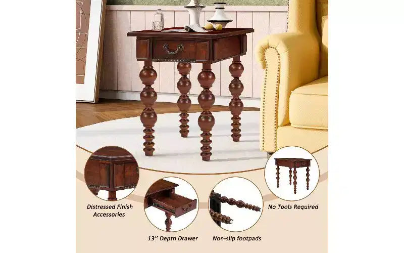 Tavolino da Divano Rustico con Cassetto, Gambe a Fuso a Bolle e Piano Impermeabile in Legno di Acacia, Comodino Vintage