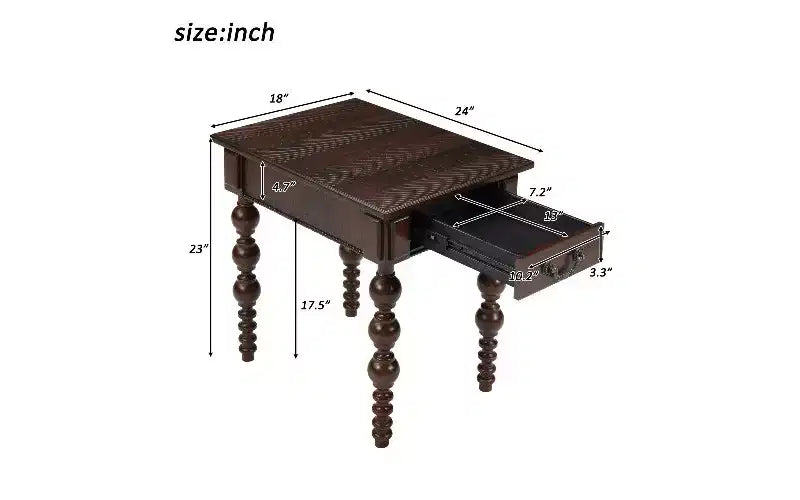 Tavolino da Divano Rustico con Cassetto, Gambe a Fuso a Bolle e Piano Impermeabile in Legno di Acacia, Comodino Vintage