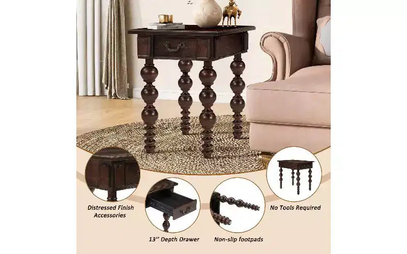 Tavolino da Divano Rustico con Cassetto, Gambe a Fuso a Bolle e Piano Impermeabile in Legno di Acacia, Comodino Vintage