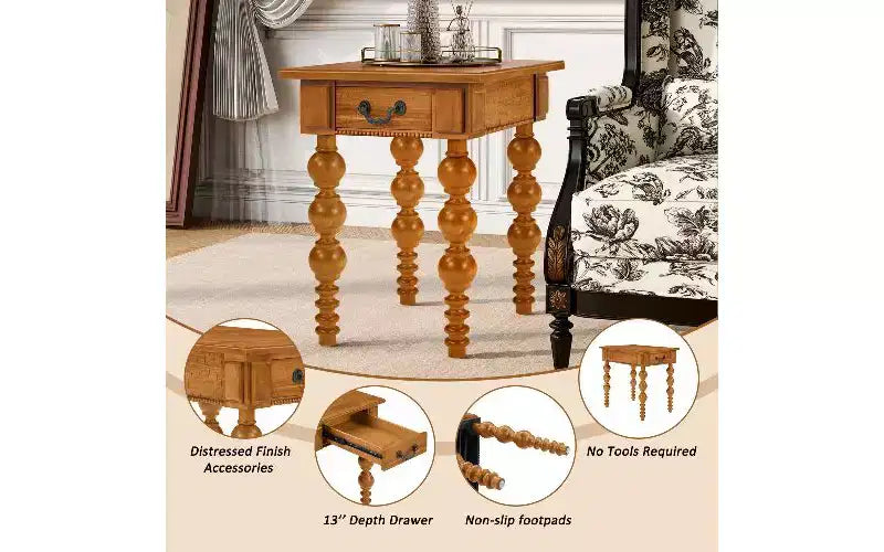 Tavolino da Divano Rustico con Cassetto, Gambe a Fuso a Bolle e Piano Impermeabile in Legno di Acacia, Comodino Vintage