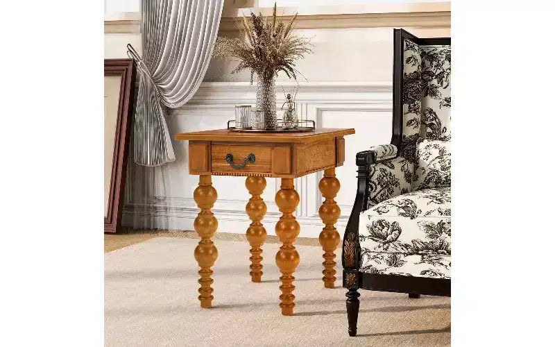 Tavolino da Divano Rustico con Cassetto, Gambe a Fuso a Bolle e Piano Impermeabile in Legno di Acacia, Comodino Vintage