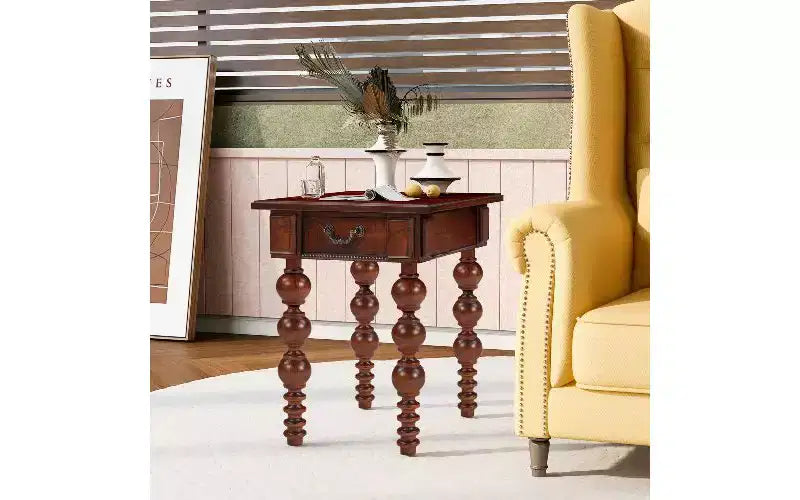 Tavolino da Divano Rustico con Cassetto, Gambe a Fuso a Bolle e Piano Impermeabile in Legno di Acacia, Comodino Vintage
