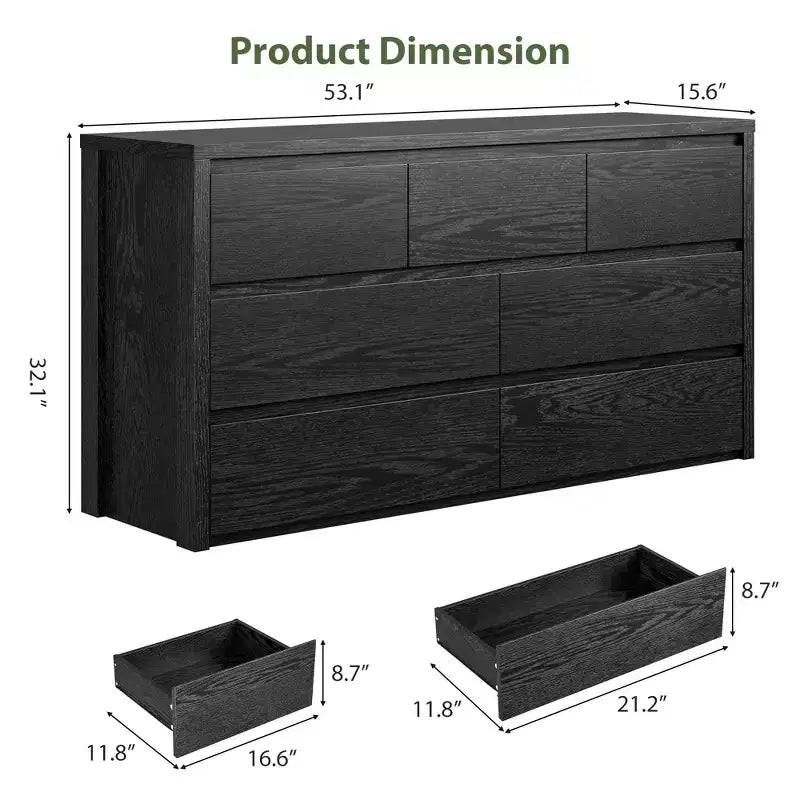 Cassettiera in legno moderna ampia a 7 cassetti, design senza maniglie, 134 cm L, per camera da letto, soggiorno e ingresso