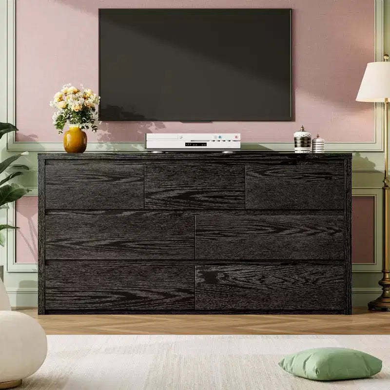 Cassettiera in legno moderna ampia a 7 cassetti, design senza maniglie, 134 cm L, per camera da letto, soggiorno e ingresso