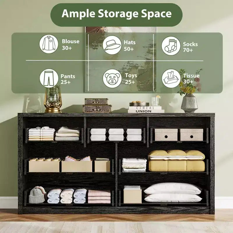 Cassettiera in legno moderna ampia a 7 cassetti, design senza maniglie, 134 cm L, per camera da letto, soggiorno e ingresso