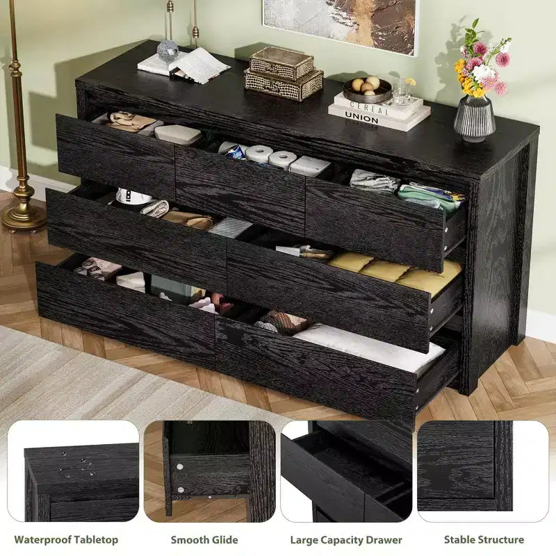 Cassettiera in legno moderna ampia a 7 cassetti, design senza maniglie, 134 cm L, per camera da letto, soggiorno e ingresso