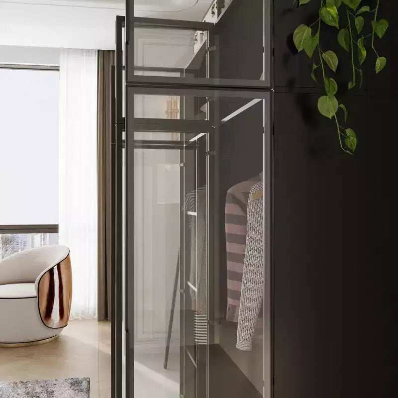 Armadio guardaroba nero da 300 cm dal pavimento al soffitto con luci LED a 3 colori e ante in vetro temperato