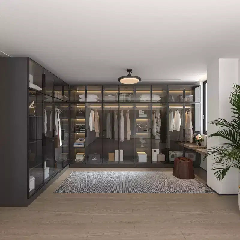 Armadio guardaroba nero da 300 cm dal pavimento al soffitto con luci LED a 3 colori e ante in vetro temperato