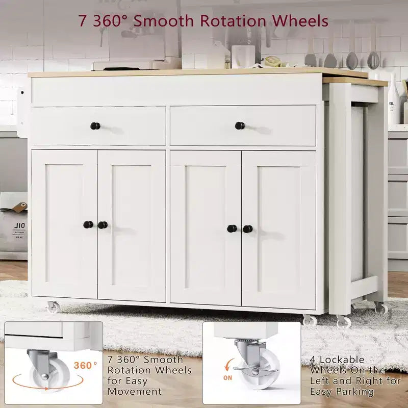 Isola per Cucina Rotante da 74,5" con Tavolo da Pranzo Allungabile, 2 Cassetti, Mobile a 4 Ante e Porta Spezie