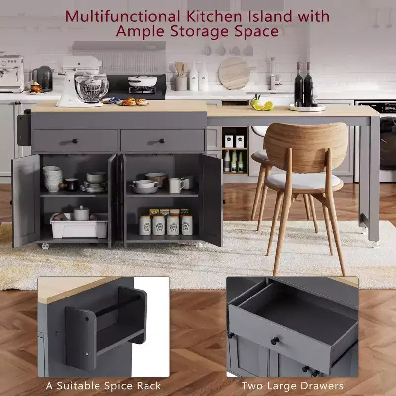 Isola per Cucina Rotante da 74,5" con Tavolo da Pranzo Allungabile, 2 Cassetti, Mobile a 4 Ante e Porta Spezie