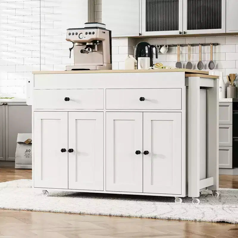 Isola per Cucina Rotante da 74,5" con Tavolo da Pranzo Allungabile, 2 Cassetti, Mobile a 4 Ante e Porta Spezie