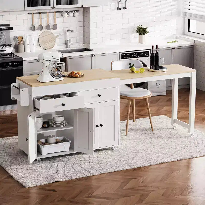 Isola per Cucina Rotante da 74,5" con Tavolo da Pranzo Allungabile, 2 Cassetti, Mobile a 4 Ante e Porta Spezie