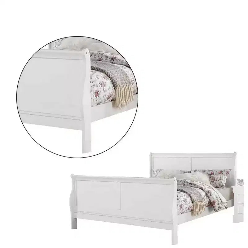 Letto a slitta matrimoniale con testiera e pediera alte, in legno massello e impiallacciato, bianco