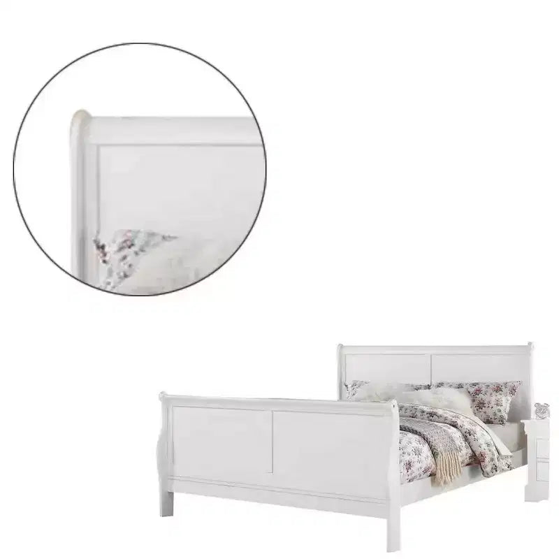 Letto a slitta matrimoniale con testiera e pediera alte, in legno massello e impiallacciato, bianco