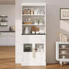 Dispensa alta 178 cm con ante in vetro, 3 ripiani aperti e cassetto scanalato, finitura legno di pero