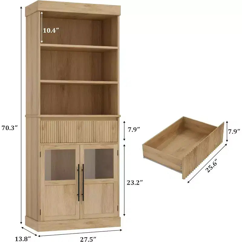 Dispensa alta 178 cm con ante in vetro, 3 ripiani aperti e cassetto scanalato, finitura legno di pero