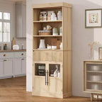 Dispensa alta 178 cm con ante in vetro, 3 ripiani aperti e cassetto scanalato, finitura legno di pero