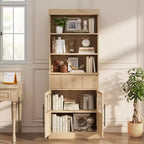 Dispensa alta 178 cm con ante in vetro, 3 ripiani aperti e cassetto scanalato, finitura legno di pero