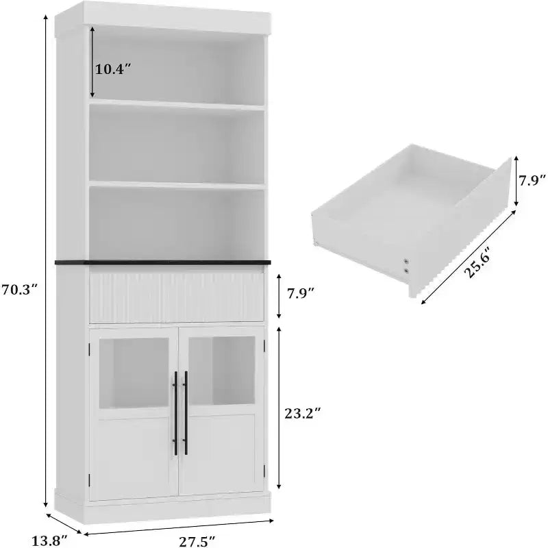 Dispensa alta 178 cm con ante in vetro, 3 ripiani aperti e cassetto scanalato, finitura legno di pero