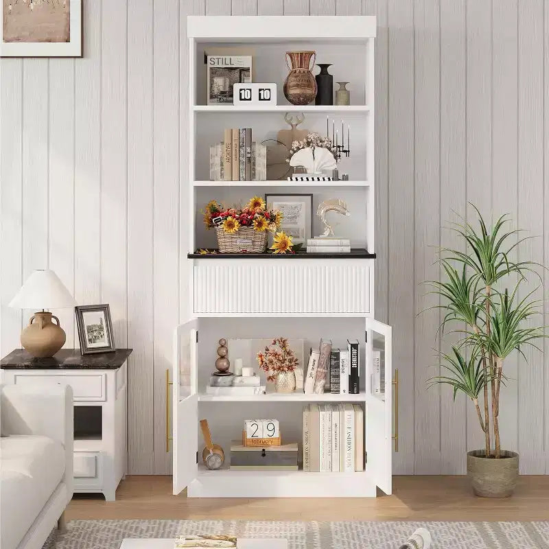 Dispensa alta 178 cm con ante in vetro, 3 ripiani aperti e cassetto scanalato, finitura legno di pero