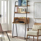 Scrivania a scala industriale con ripiani aperti, 185 cm di altezza, superficie in impiallacciatura e MDF, struttura in metallo naturale/nero