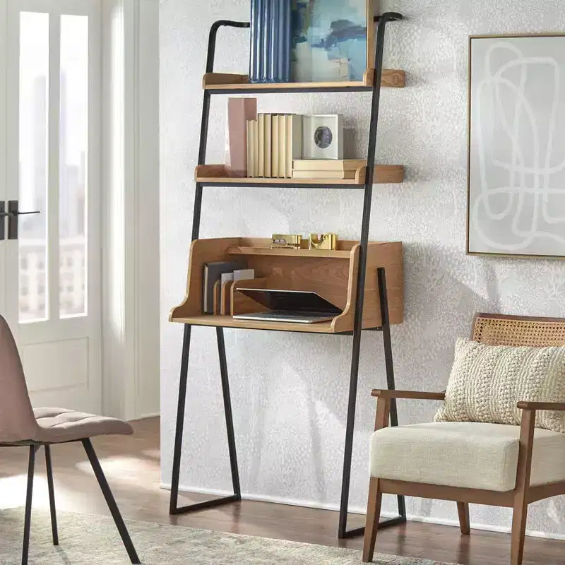 Scrivania a scala industriale con ripiani aperti, 185 cm di altezza, superficie in impiallacciatura e MDF, struttura in metallo naturale/nero
