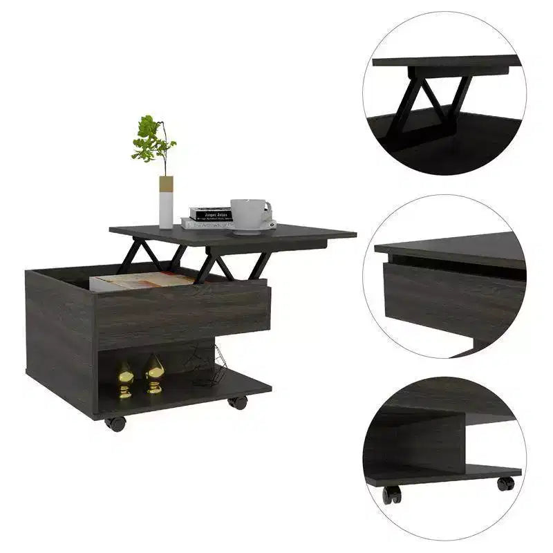 Tavolino da Caffè Rettangolare Moderno con Piano Sollevabile, Cassetto, Ripiano Aperto e Ruote Bloccabili, Espresso