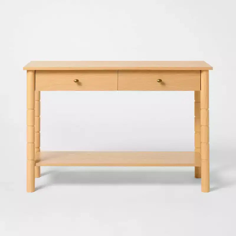 Consolle in legno moderna da 48" con 2 cassetti, ripiano inferiore aperto e gambe tornite, marrone