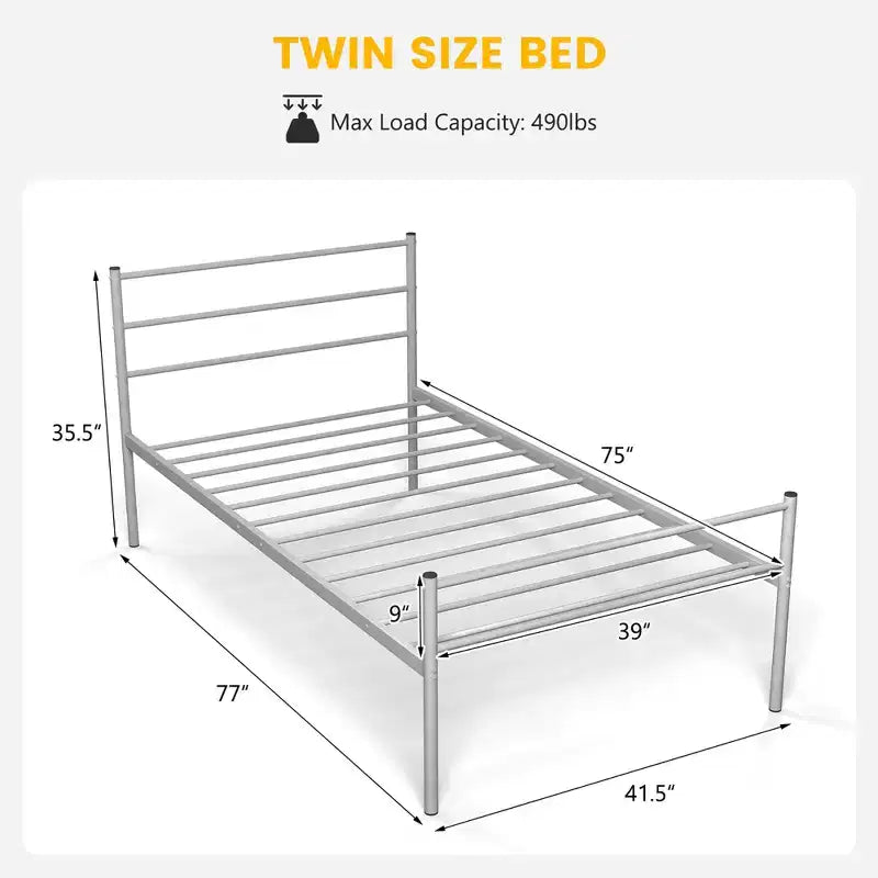 Telaio letto a piattaforma in metallo singolo con testiera, pediera e 34,3 cm di spazio sotto il letto, capacità 222 kg