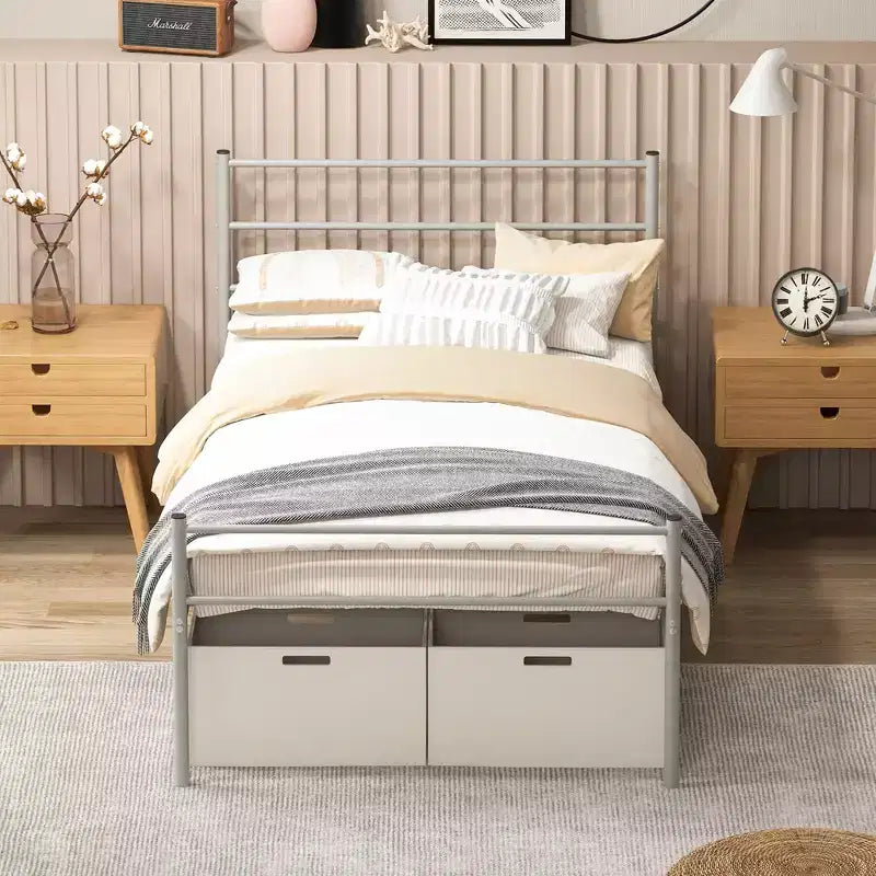 Telaio letto a piattaforma in metallo singolo con testiera, pediera e 34,3 cm di spazio sotto il letto, capacità 222 kg