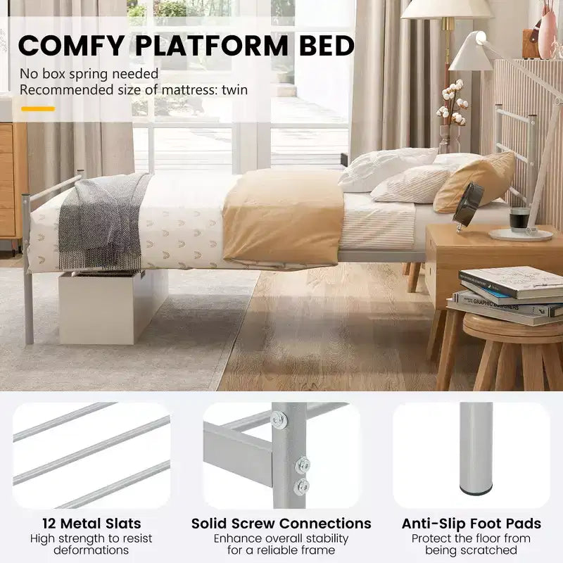 Telaio letto a piattaforma in metallo singolo con testiera, pediera e 34,3 cm di spazio sotto il letto, capacità 222 kg