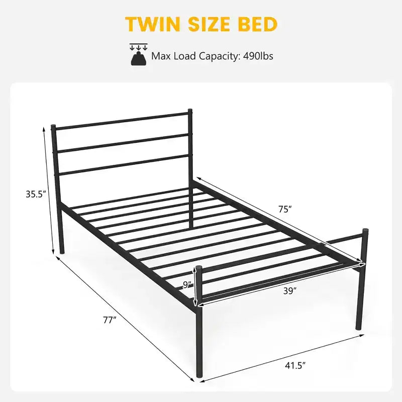Telaio letto a piattaforma in metallo singolo con testiera, pediera e 34,3 cm di spazio sotto il letto, capacità 222 kg