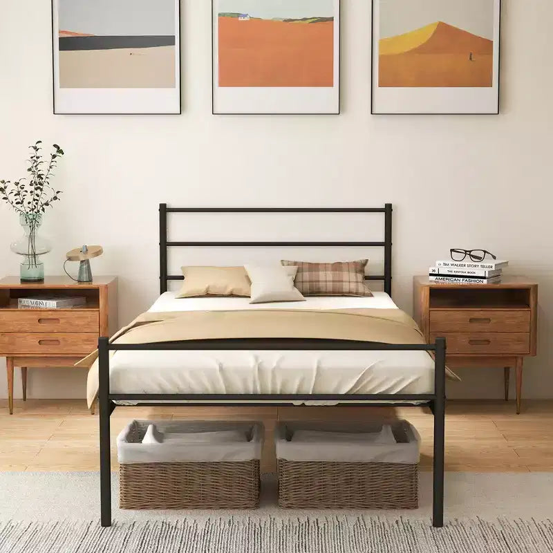 Telaio letto a piattaforma in metallo singolo con testiera, pediera e 34,3 cm di spazio sotto il letto, capacità 222 kg