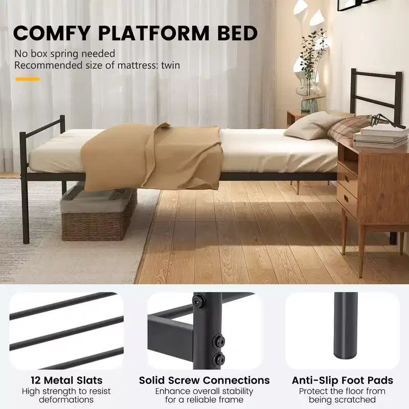 Telaio letto a piattaforma in metallo singolo con testiera, pediera e 34,3 cm di spazio sotto il letto, capacità 222 kg