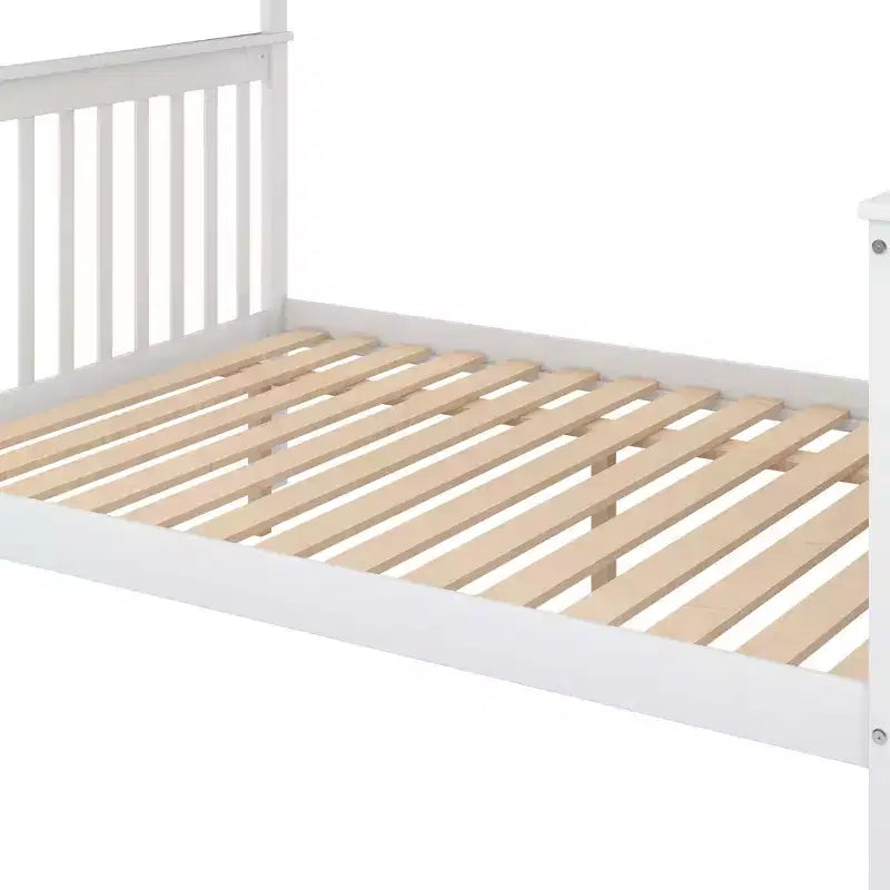 Letto a castello a una piazza e mezzo con scala, 4 vani portaoggetti e sponda di sicurezza, in legno massello di pino