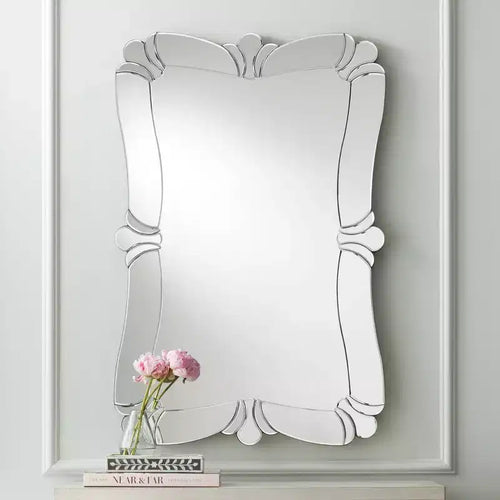 Specchio da parete rettangolare per bagno, 66 cm di larghezza, con bordo smussato e cornice decorativa floreale in vetro