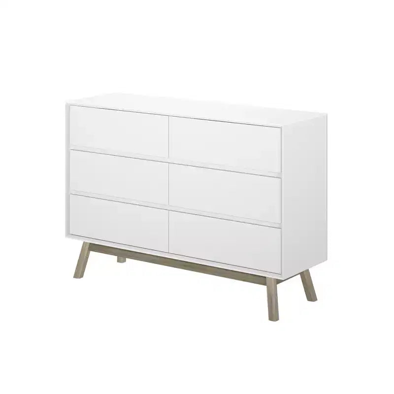 Comò moderno in legno massello a 6 cassetti con guide in metallo e kit antiribaltamento, larghezza 132 cm